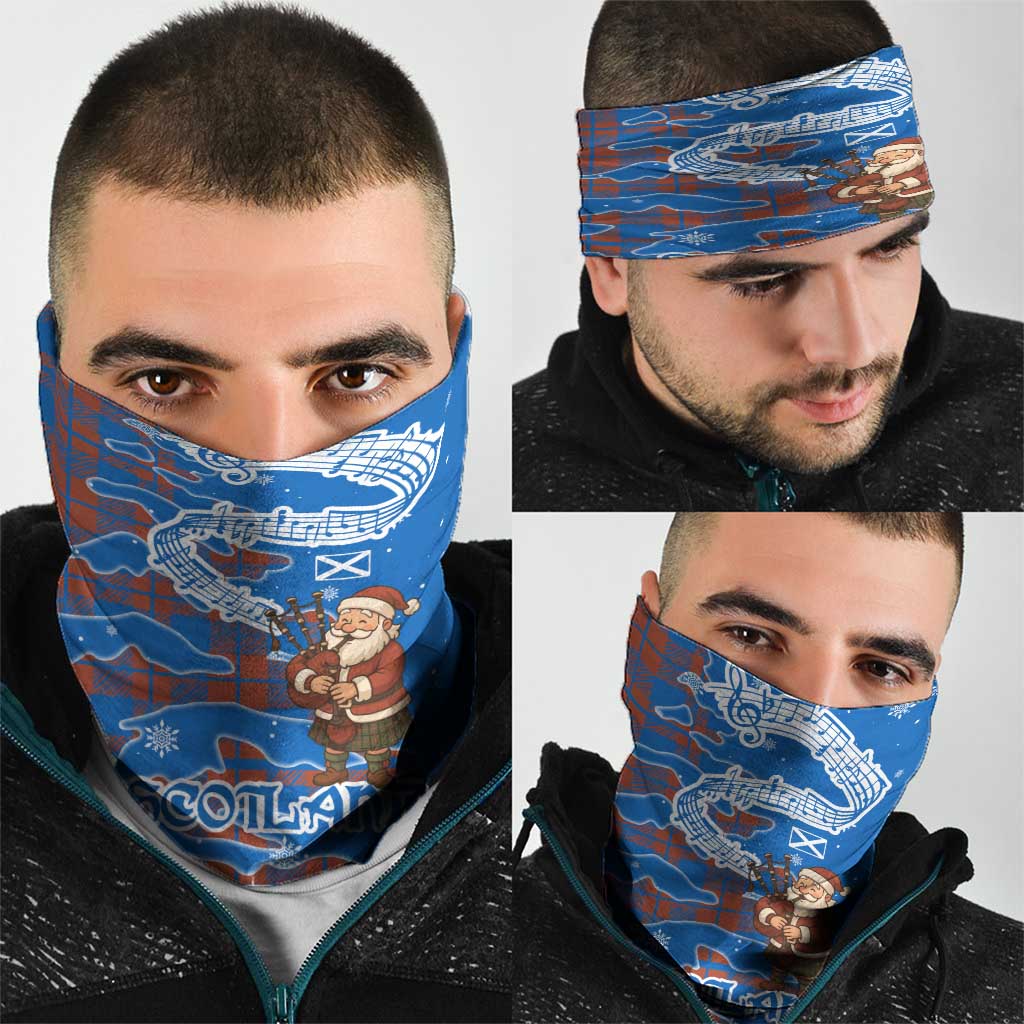 Scotland Christmas Neck Gaiter with Santa Playing Bagpipes and Blue Red Tartan Music Notes TS04