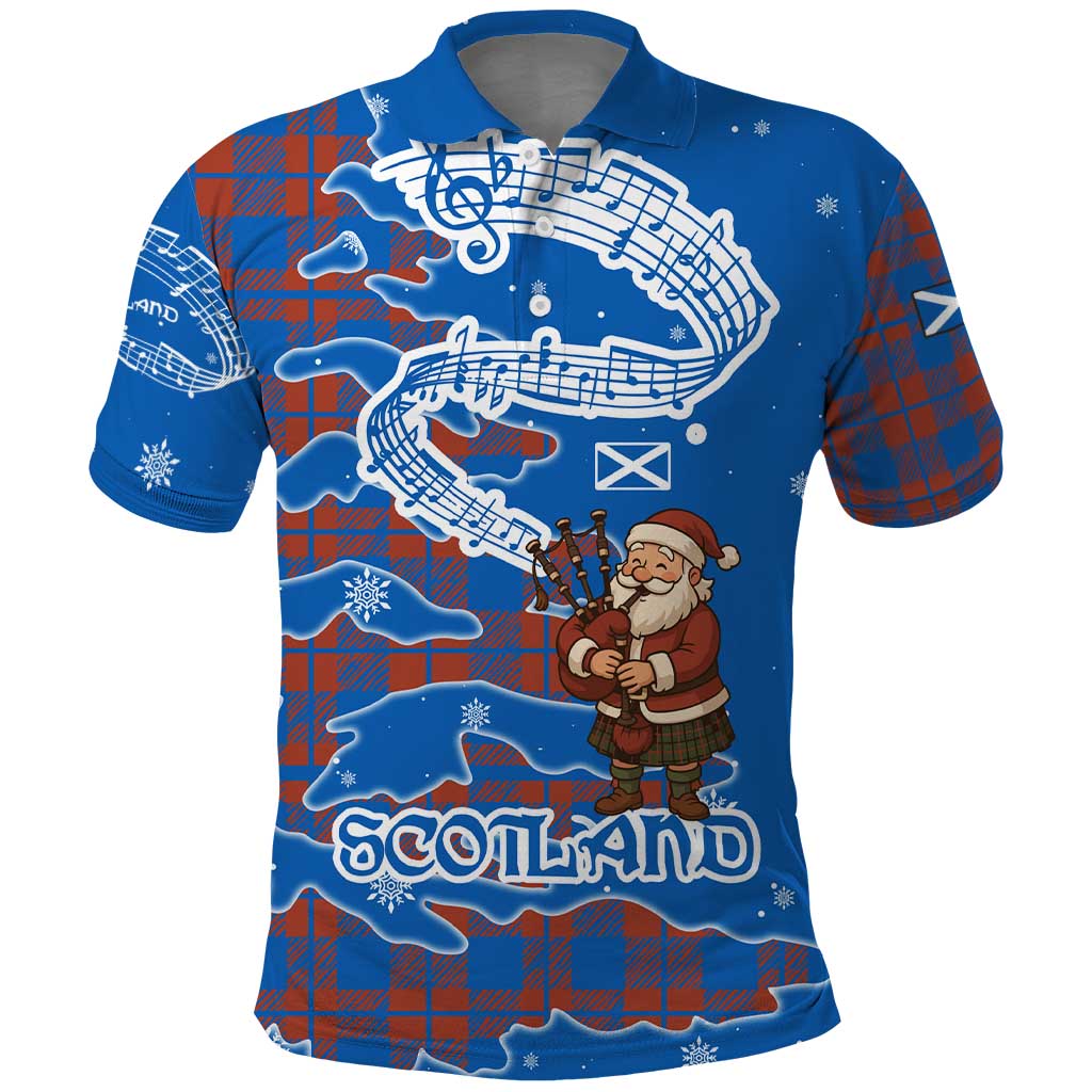Scotland Christmas Polo Shirt with Santa Playing Bagpipes and Blue Red Tartan Music Notes TS04