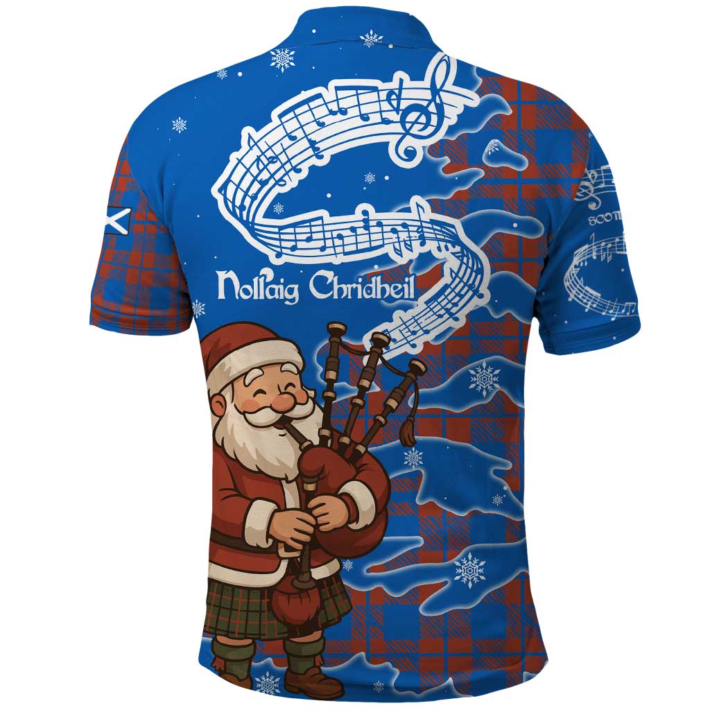Scotland Christmas Polo Shirt with Santa Playing Bagpipes and Blue Red Tartan Music Notes TS04