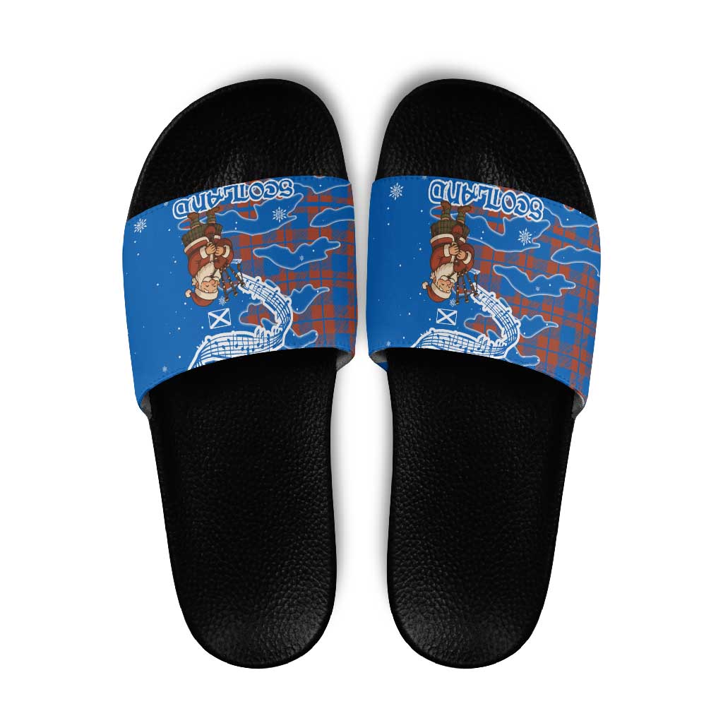 Scotland Christmas Slide Sandals with Santa Playing Bagpipes and Blue Red Tartan Music Notes TS04