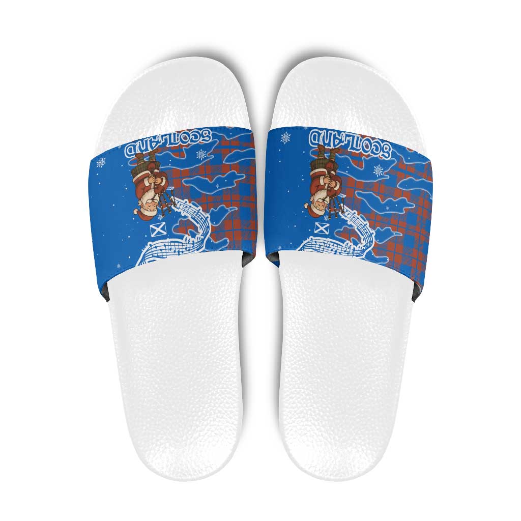 Scotland Christmas Slide Sandals with Santa Playing Bagpipes and Blue Red Tartan Music Notes TS04