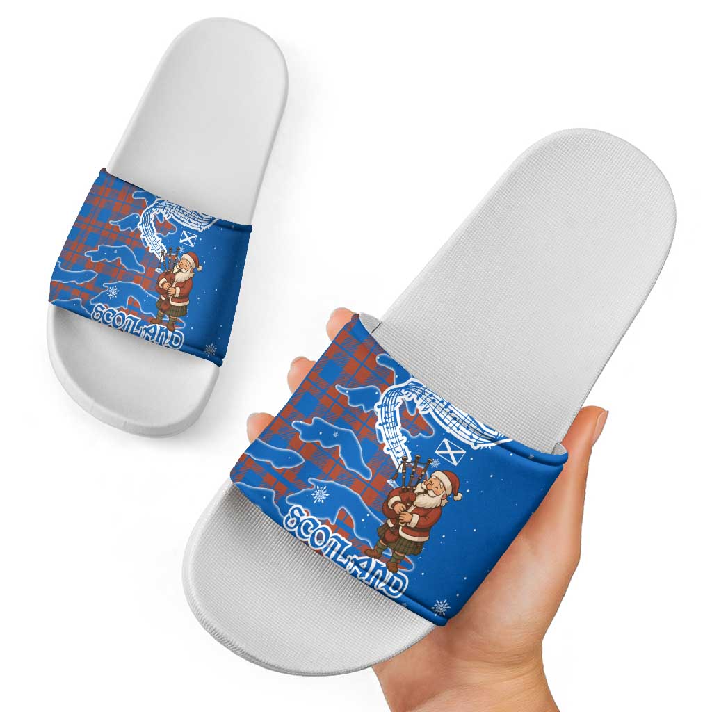 Scotland Christmas Slide Sandals with Santa Playing Bagpipes and Blue Red Tartan Music Notes TS04