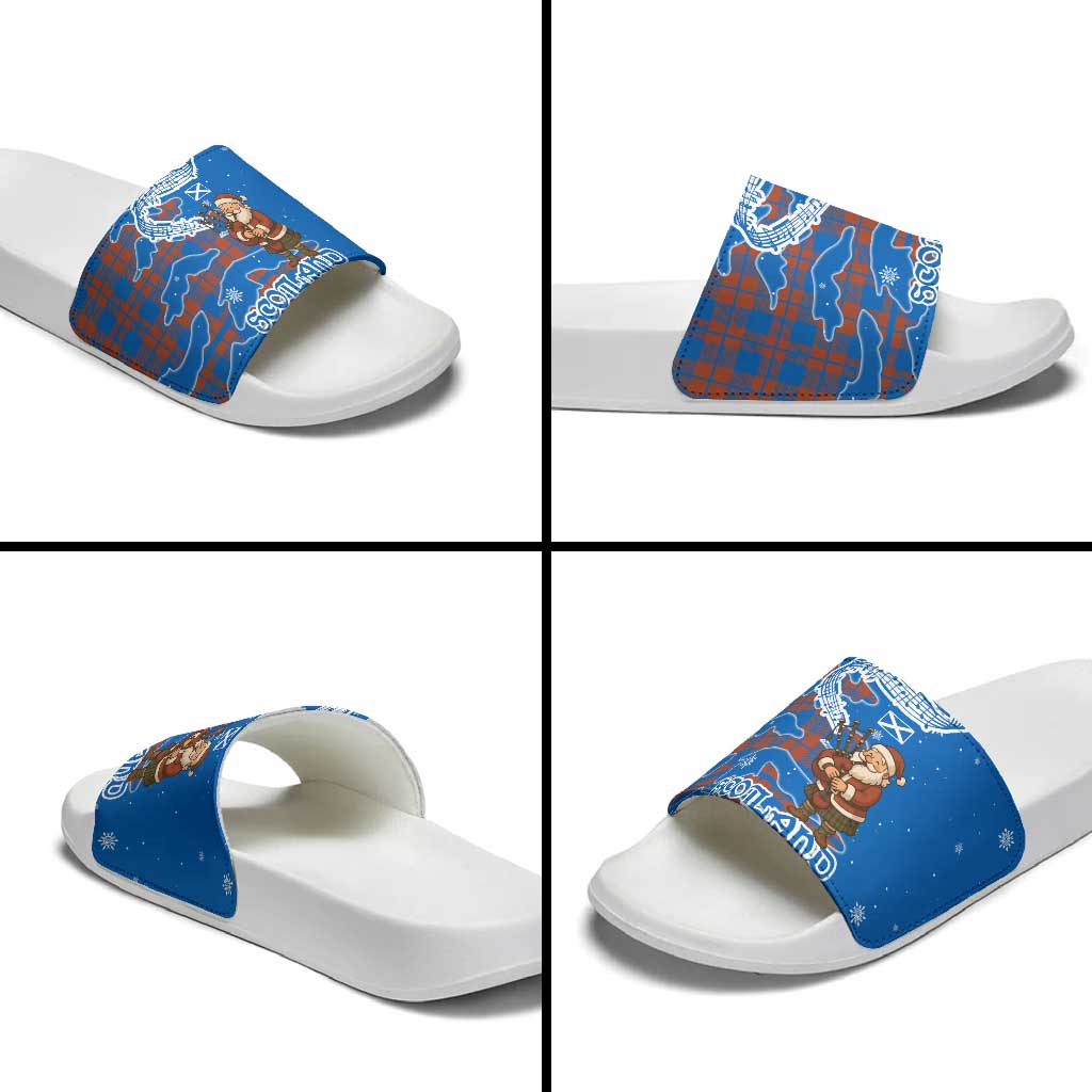 Scotland Christmas Slide Sandals with Santa Playing Bagpipes and Blue Red Tartan Music Notes TS04