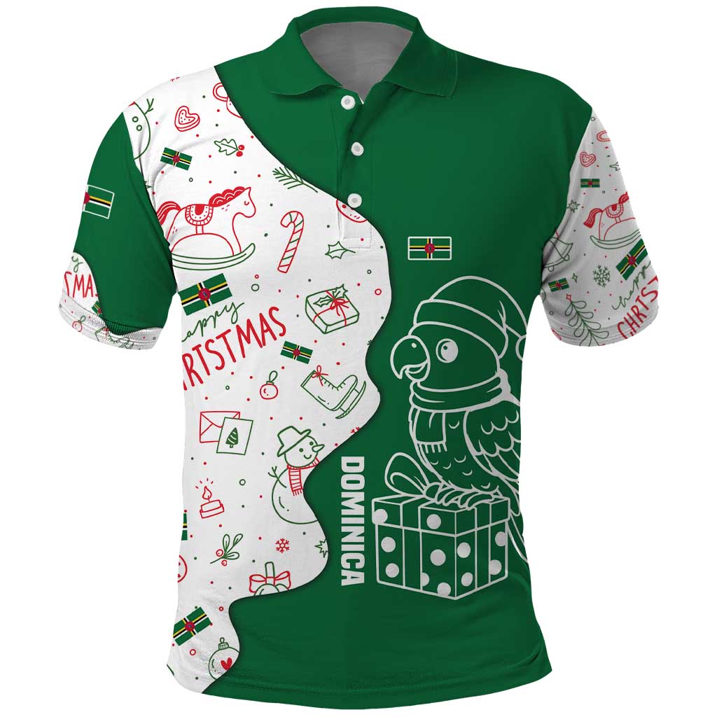 Dominica Christmas Polo Shirt with Parrot Gift Box and Festive Pattern Design TS04