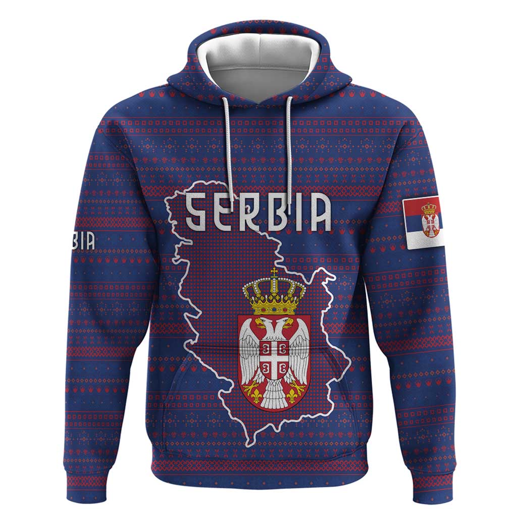 Serbia Hoodie with National Map and Coat of Arms Design in Blue Red Pattern TS04