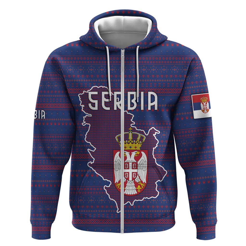 Serbia Hoodie with National Map and Coat of Arms Design in Blue Red Pattern TS04