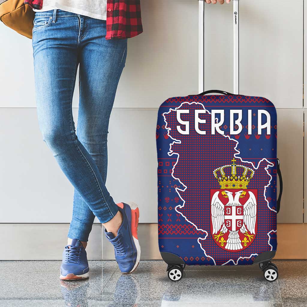 Serbia Luggage Cover with National Map and Coat of Arms Design in Blue Red Pattern TS04