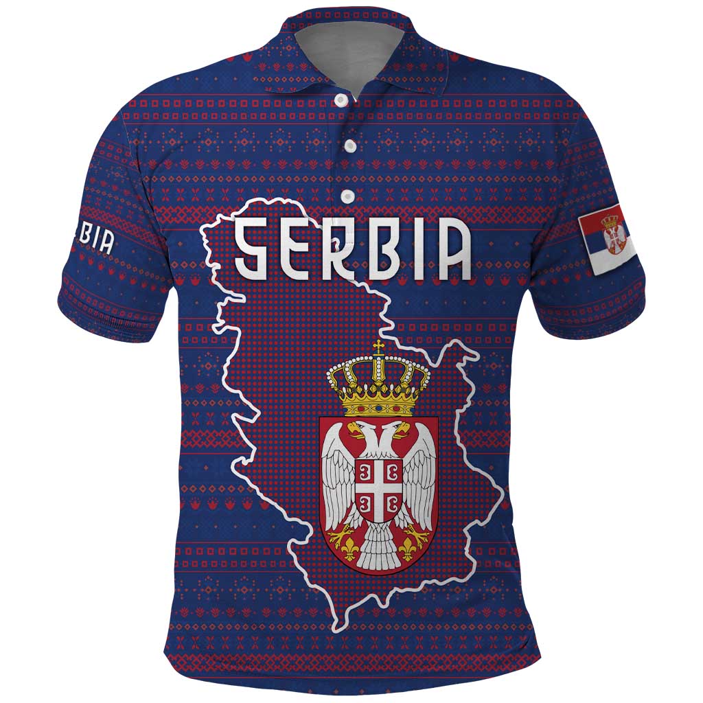 Serbia Polo Shirt with National Map and Coat of Arms Design in Blue Red Pattern TS04