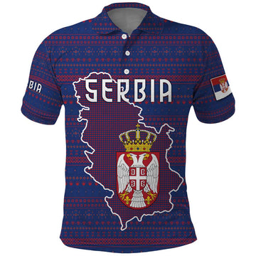 Serbia Polo Shirt with National Map and Coat of Arms Design in Blue Red Pattern TS04