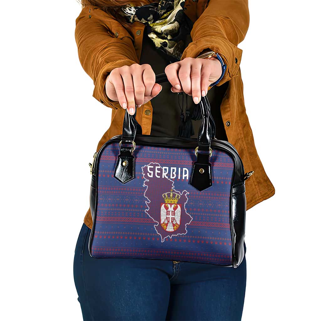 Serbia Shoulder Handbag with National Map and Coat of Arms Design in Blue Red Pattern TS04