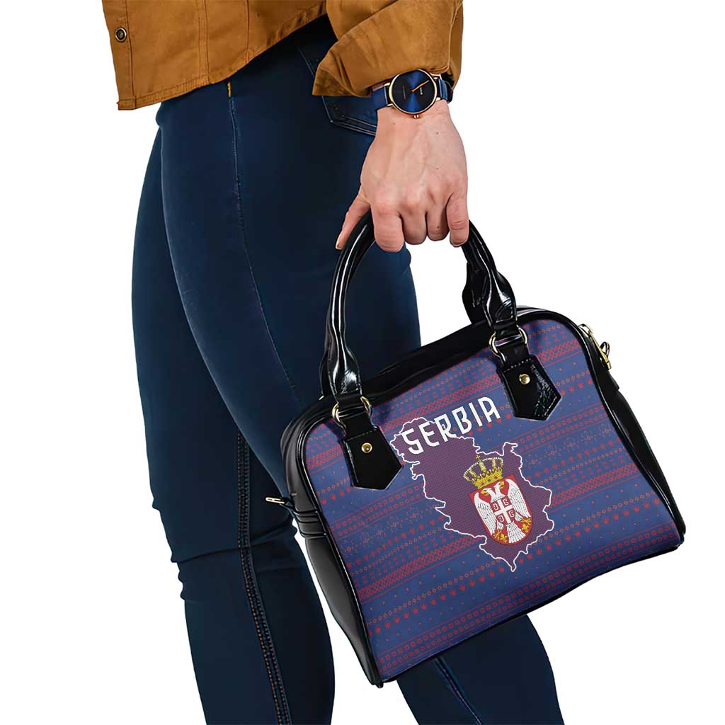 Serbia Shoulder Handbag with National Map and Coat of Arms Design in Blue Red Pattern TS04