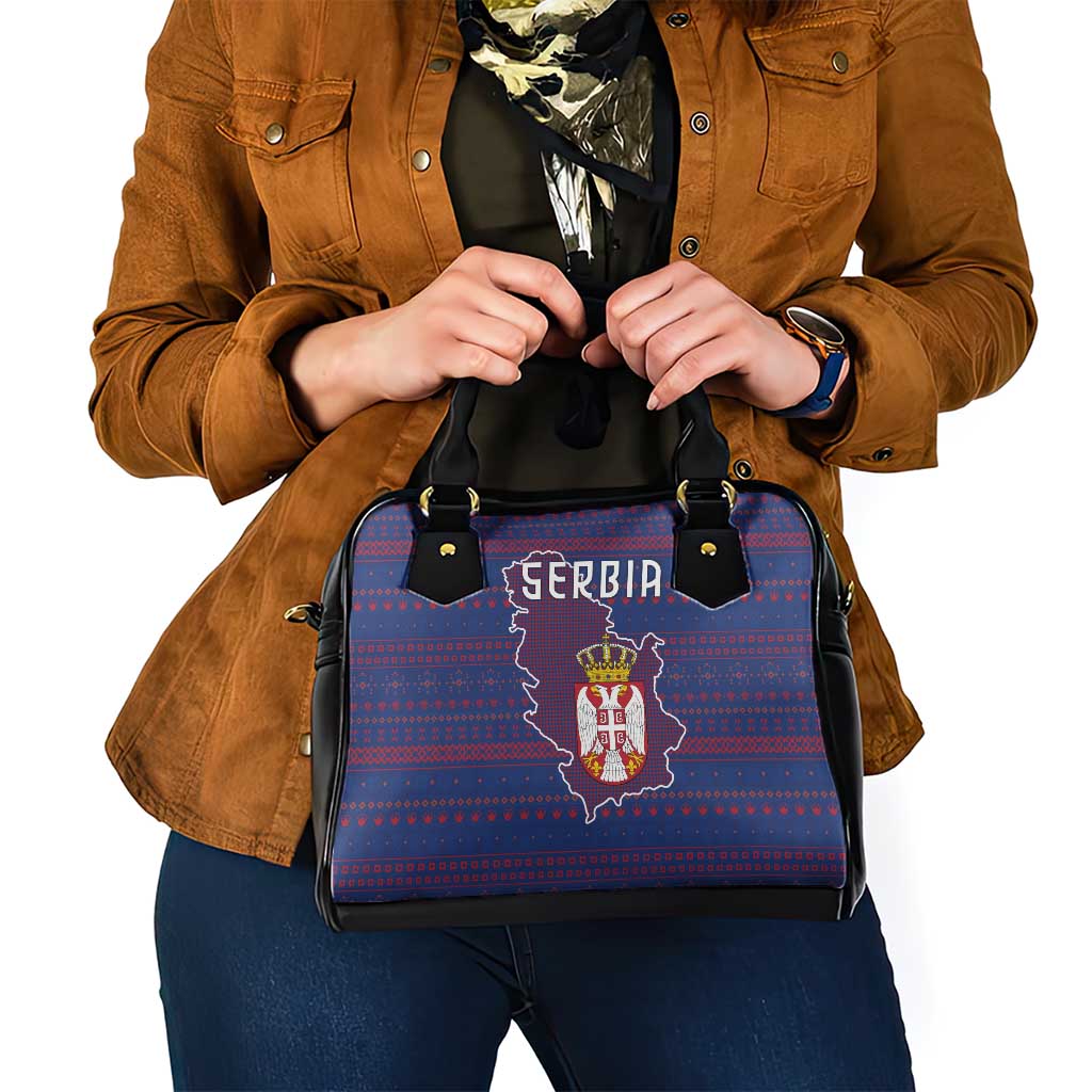 Serbia Shoulder Handbag with National Map and Coat of Arms Design in Blue Red Pattern TS04