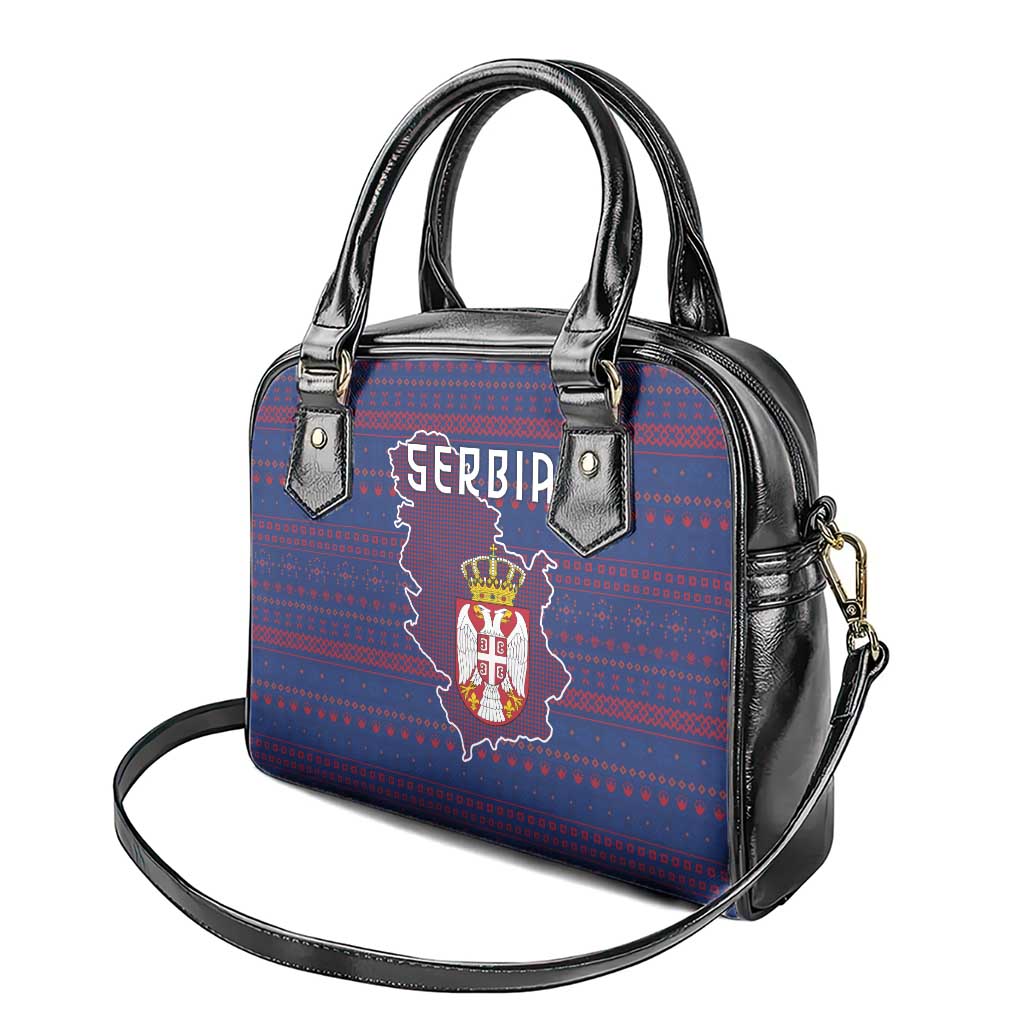 Serbia Shoulder Handbag with National Map and Coat of Arms Design in Blue Red Pattern TS04
