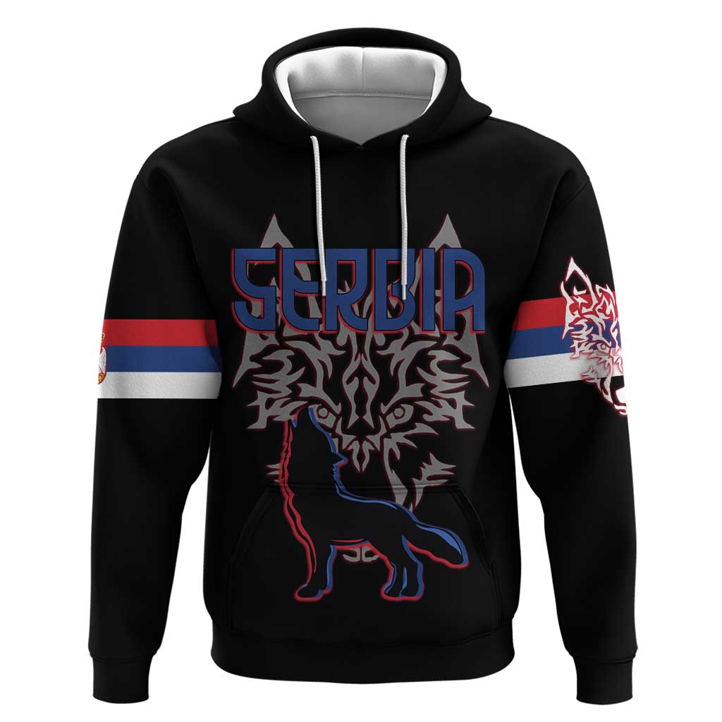 Serbia Hoodie with Wolf Head Graphic, Howling Wolf, and National Flag Stripes TS04