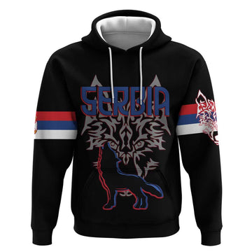 Serbia Hoodie with Wolf Head Graphic, Howling Wolf, and National Flag Stripes TS04