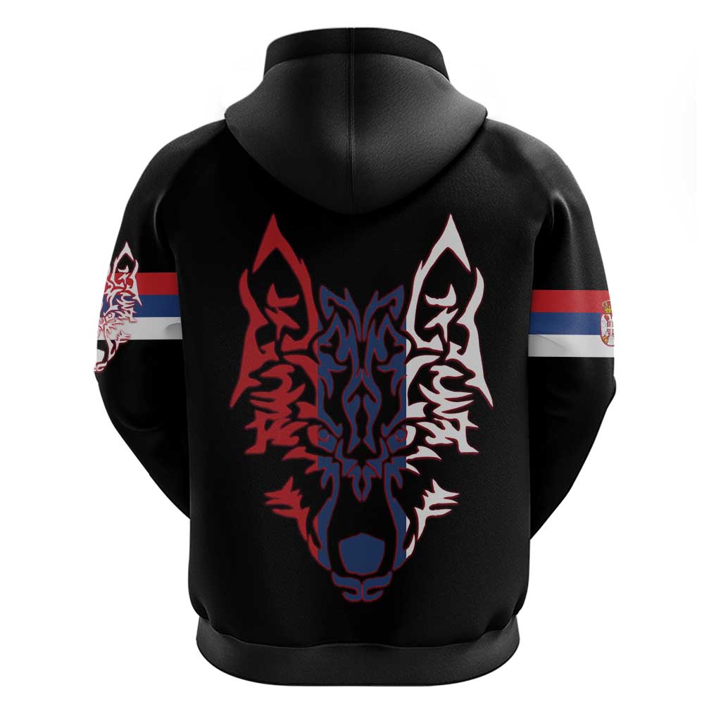 Serbia Hoodie with Wolf Head Graphic, Howling Wolf, and National Flag Stripes TS04