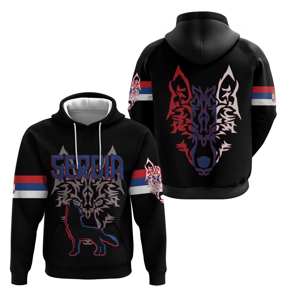 Serbia Hoodie with Wolf Head Graphic, Howling Wolf, and National Flag Stripes TS04