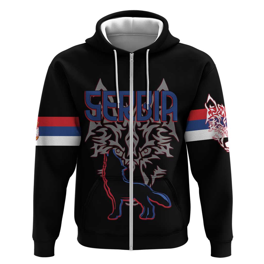 Serbia Hoodie with Wolf Head Graphic, Howling Wolf, and National Flag Stripes TS04