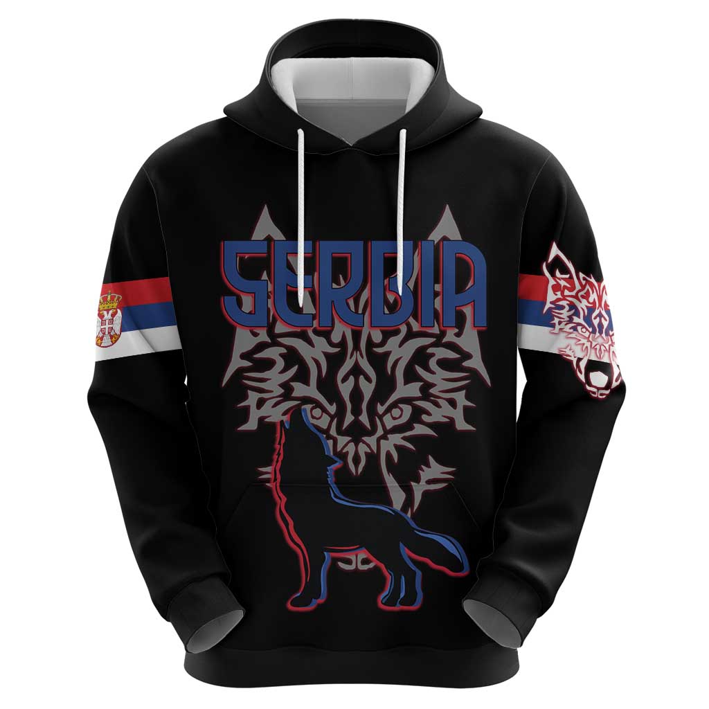 Serbia Hoodie with Wolf Head Graphic, Howling Wolf, and National Flag Stripes TS04