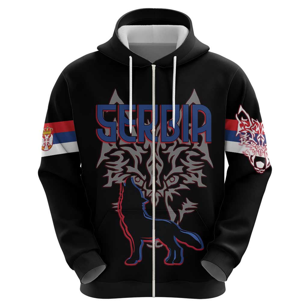 Serbia Hoodie with Wolf Head Graphic, Howling Wolf, and National Flag Stripes TS04