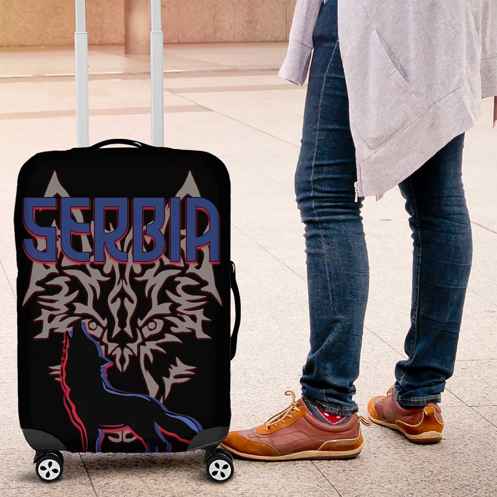 Serbia Luggage Cover with Wolf Head Graphic, Howling Wolf, and National Flag Stripes TS04
