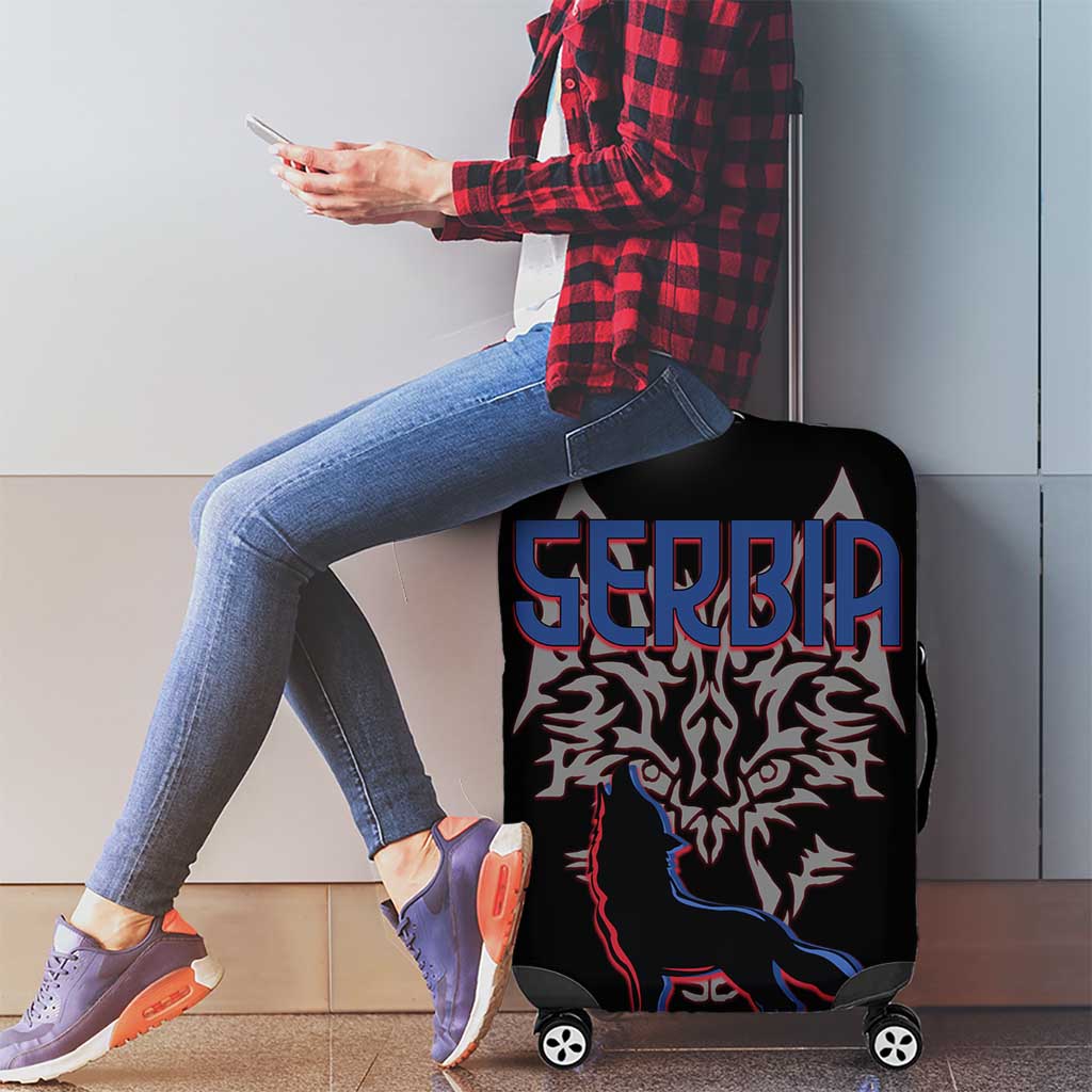 Serbia Luggage Cover with Wolf Head Graphic, Howling Wolf, and National Flag Stripes TS04