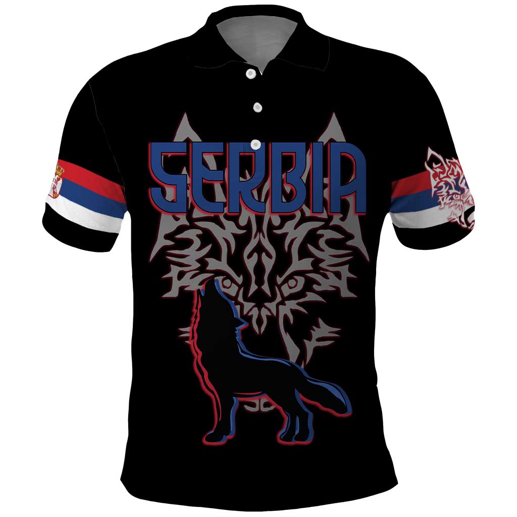 Serbia Polo Shirt with Wolf Head Graphic, Howling Wolf, and National Flag Stripes TS04