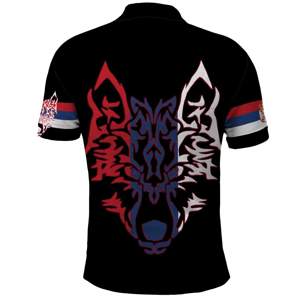 Serbia Polo Shirt with Wolf Head Graphic, Howling Wolf, and National Flag Stripes TS04
