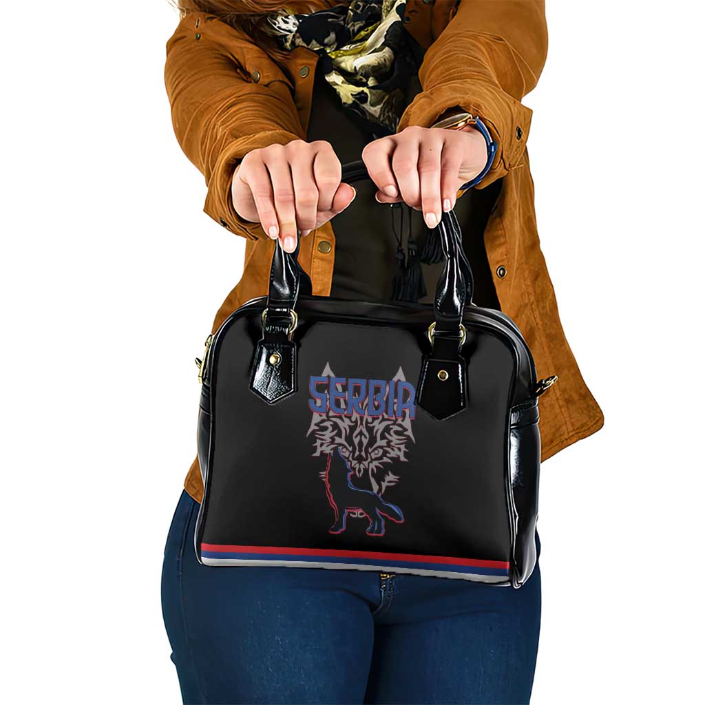 Serbia Shoulder Handbag with Wolf Head Graphic, Howling Wolf, and National Flag Stripes TS04