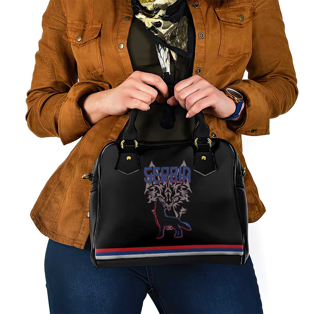 Serbia Shoulder Handbag with Wolf Head Graphic, Howling Wolf, and National Flag Stripes TS04