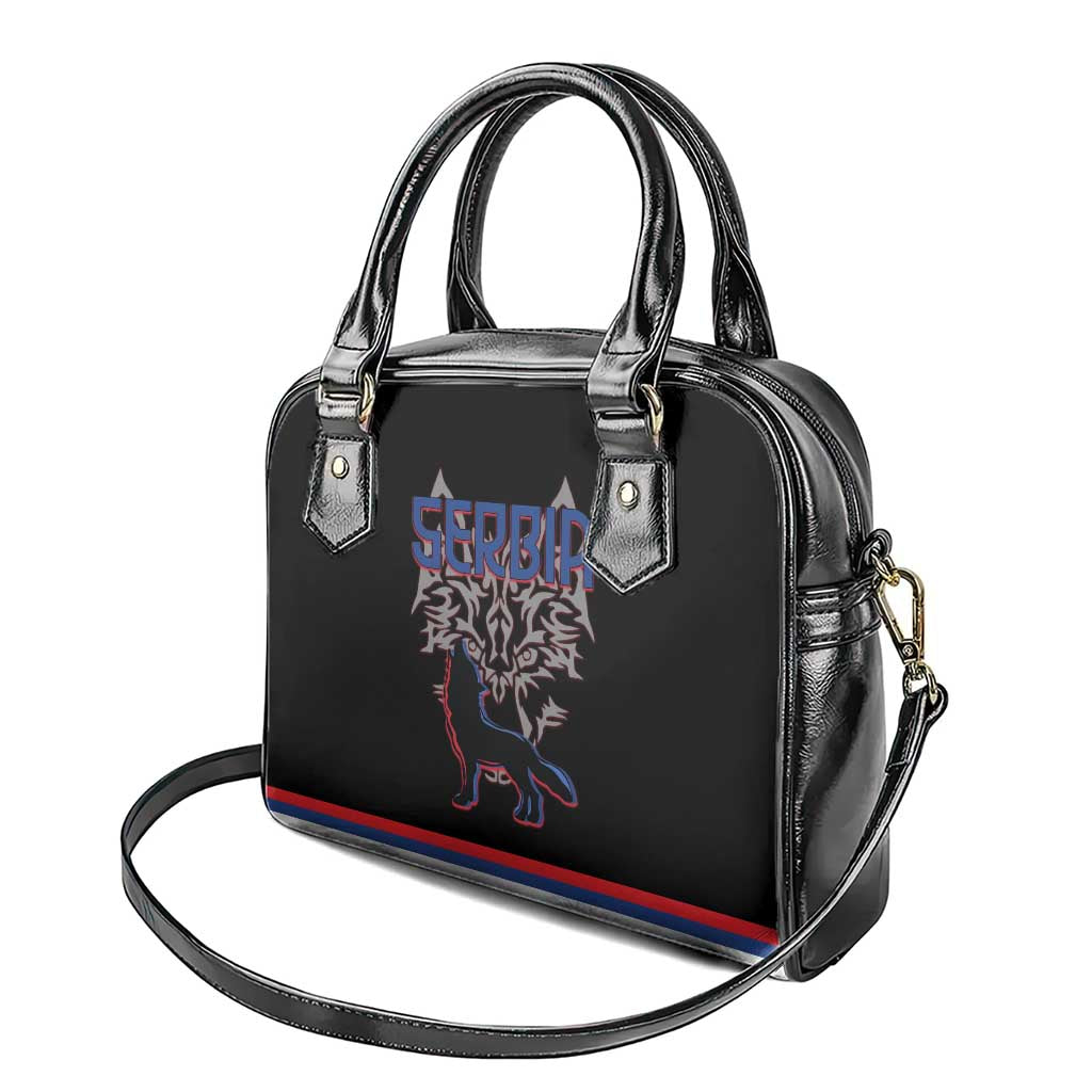 Serbia Shoulder Handbag with Wolf Head Graphic, Howling Wolf, and National Flag Stripes TS04
