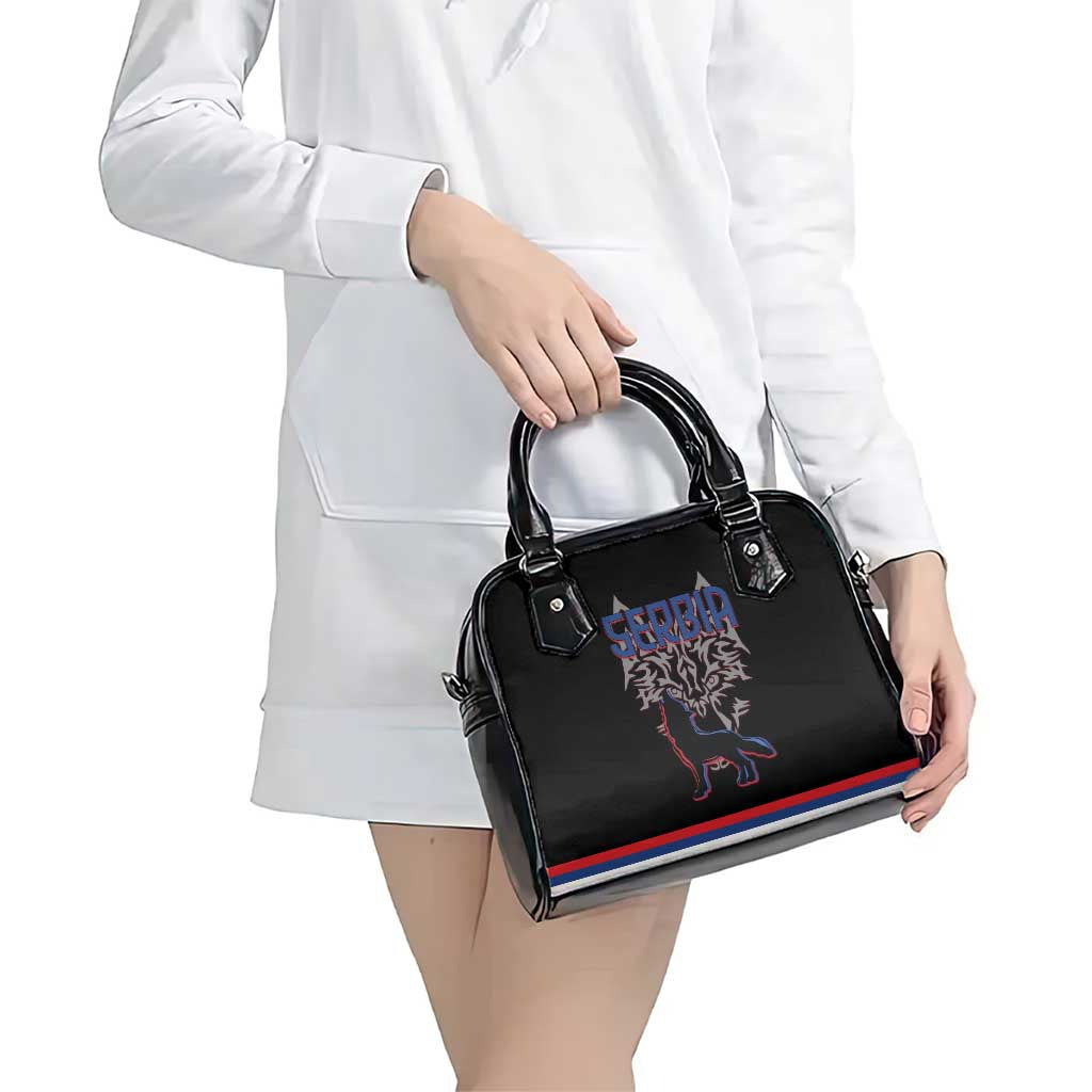 Serbia Shoulder Handbag with Wolf Head Graphic, Howling Wolf, and National Flag Stripes TS04