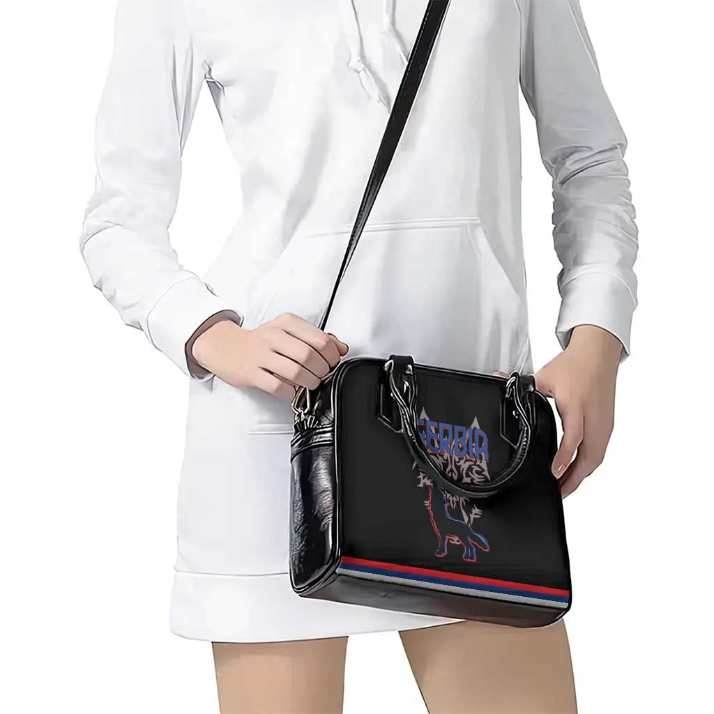 Serbia Shoulder Handbag with Wolf Head Graphic, Howling Wolf, and National Flag Stripes TS04