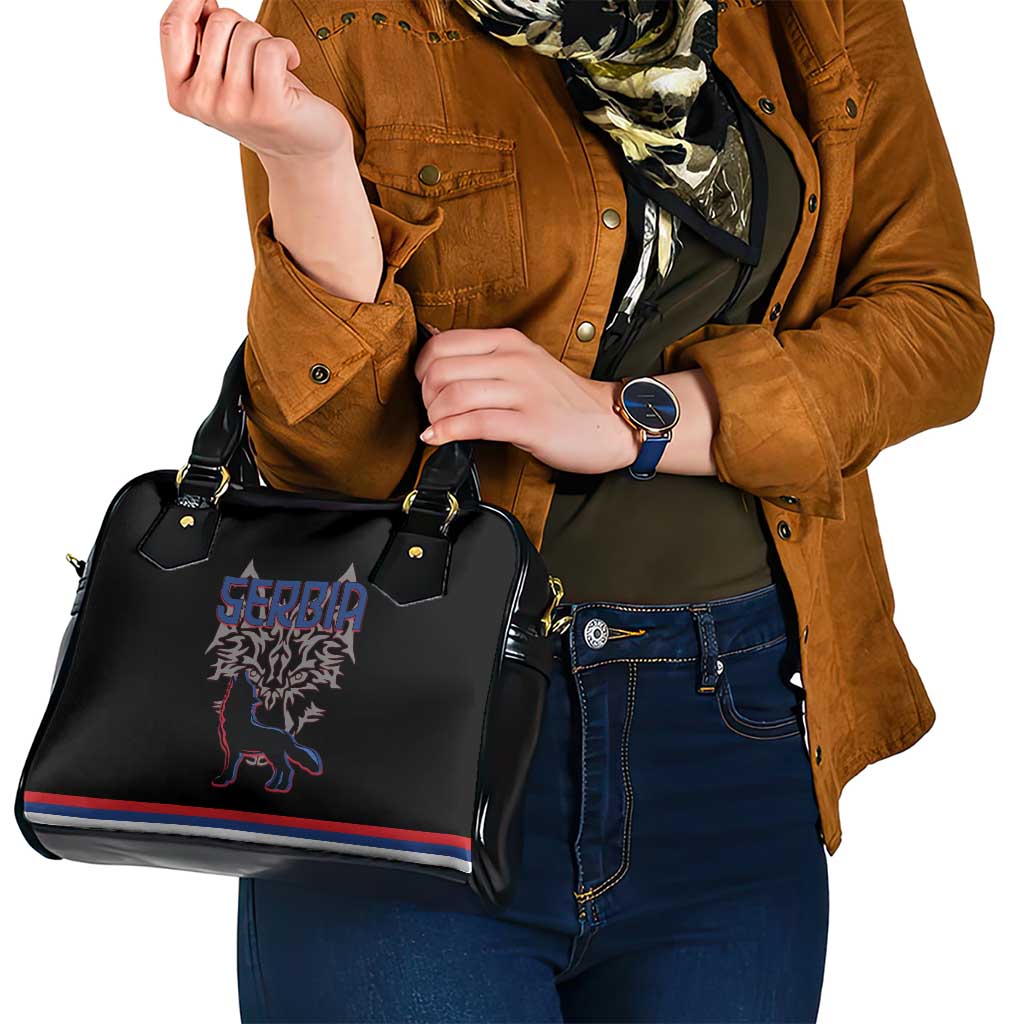 Serbia Shoulder Handbag with Wolf Head Graphic, Howling Wolf, and National Flag Stripes TS04