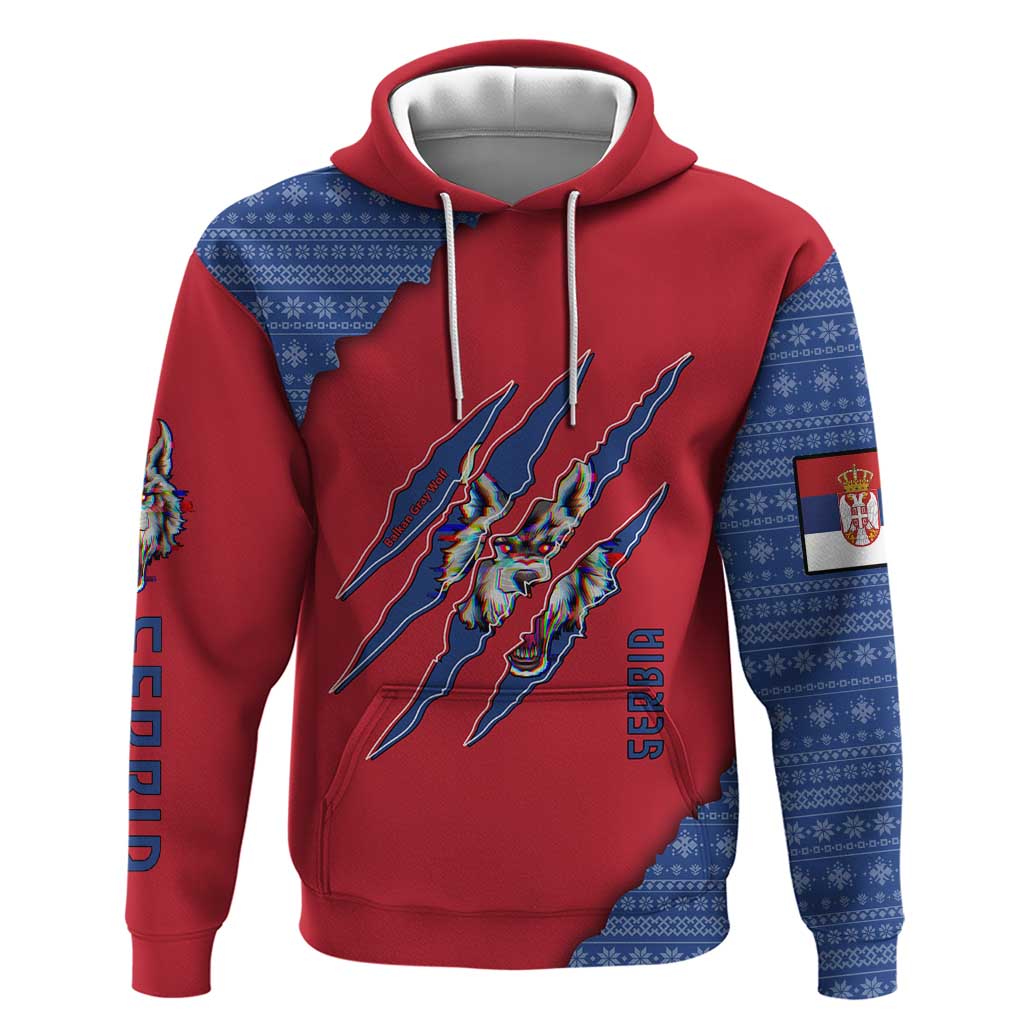 Serbia Hoodie with Balkan Gray Wolf, Claw Marks, and Flag Sleeve Design TS04