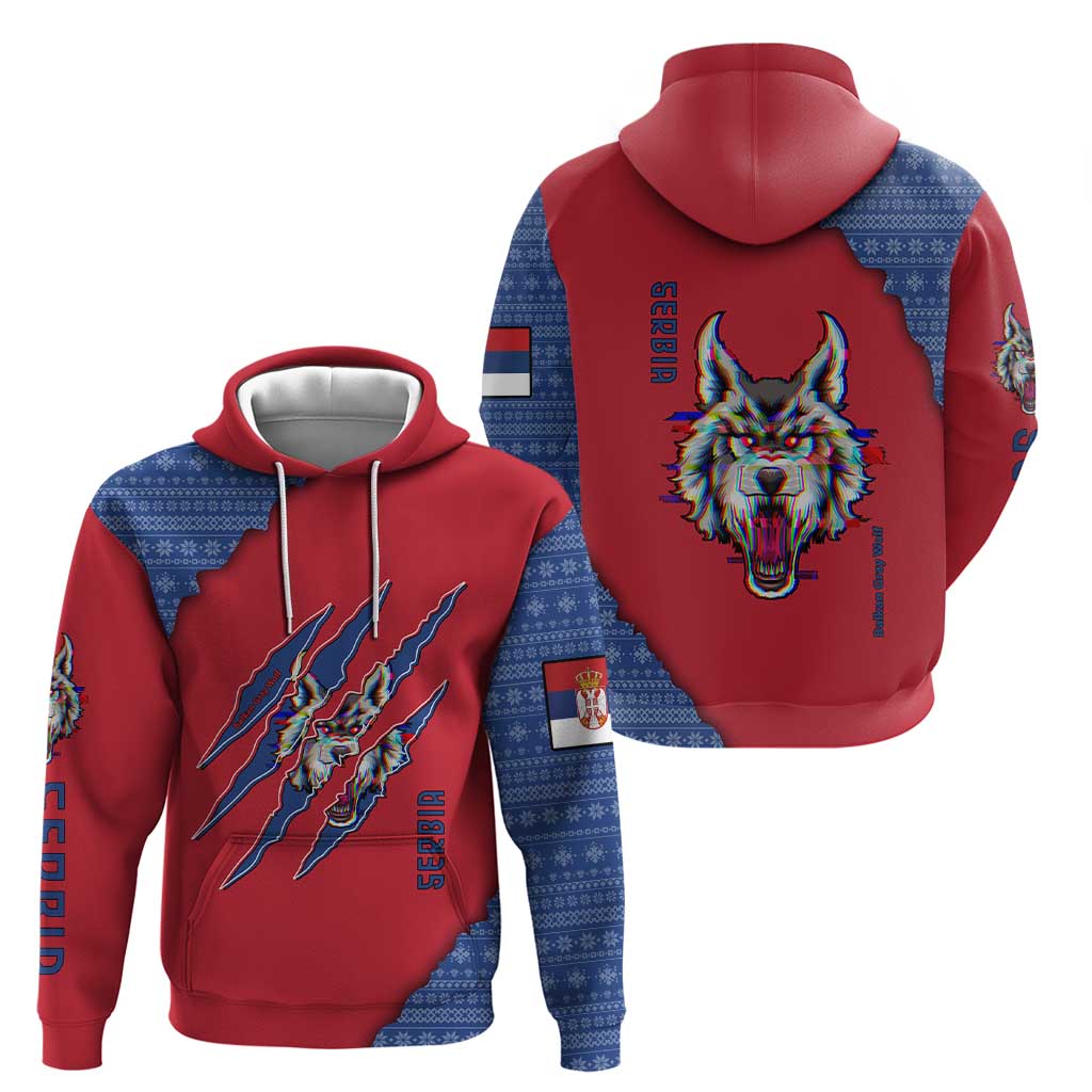 Serbia Hoodie with Balkan Gray Wolf, Claw Marks, and Flag Sleeve Design TS04