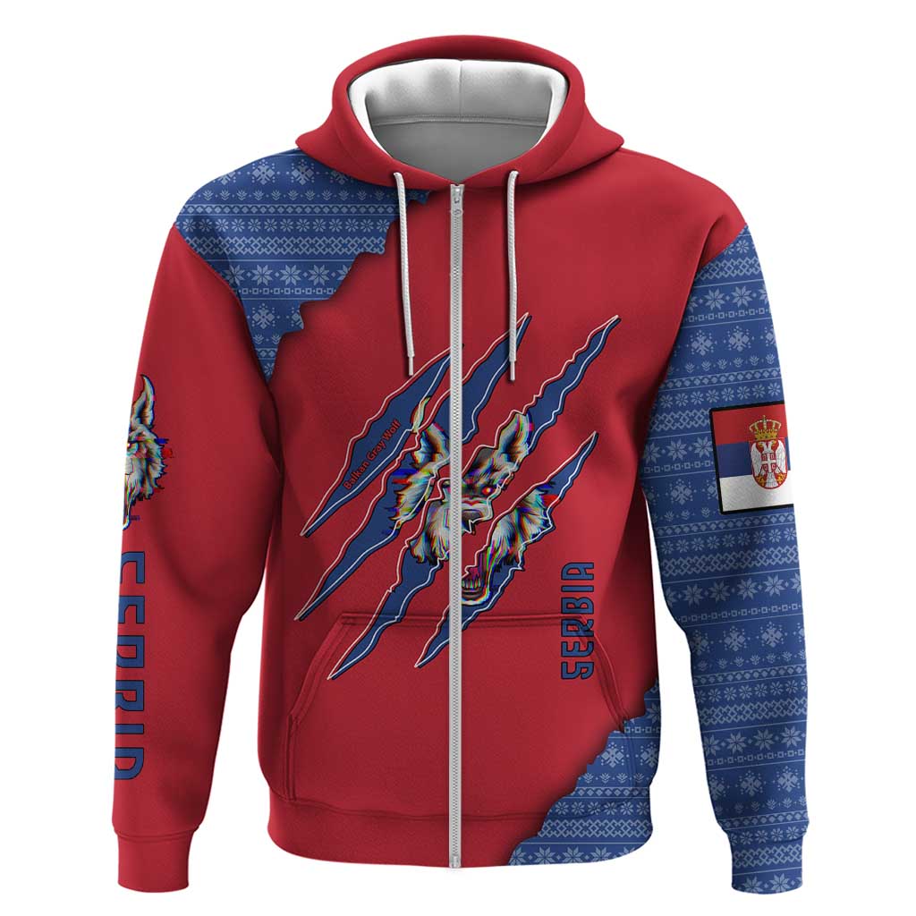 Serbia Hoodie with Balkan Gray Wolf, Claw Marks, and Flag Sleeve Design TS04