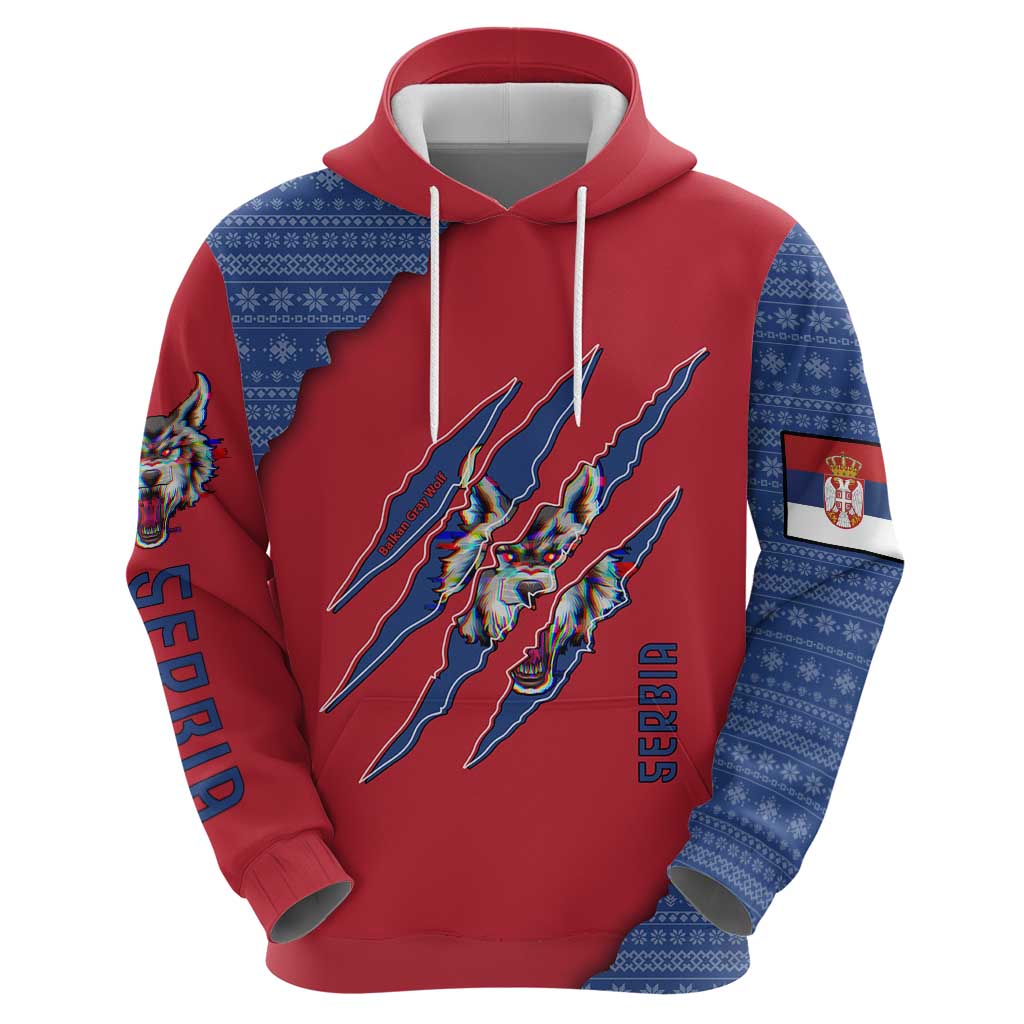 Serbia Hoodie with Balkan Gray Wolf, Claw Marks, and Flag Sleeve Design TS04