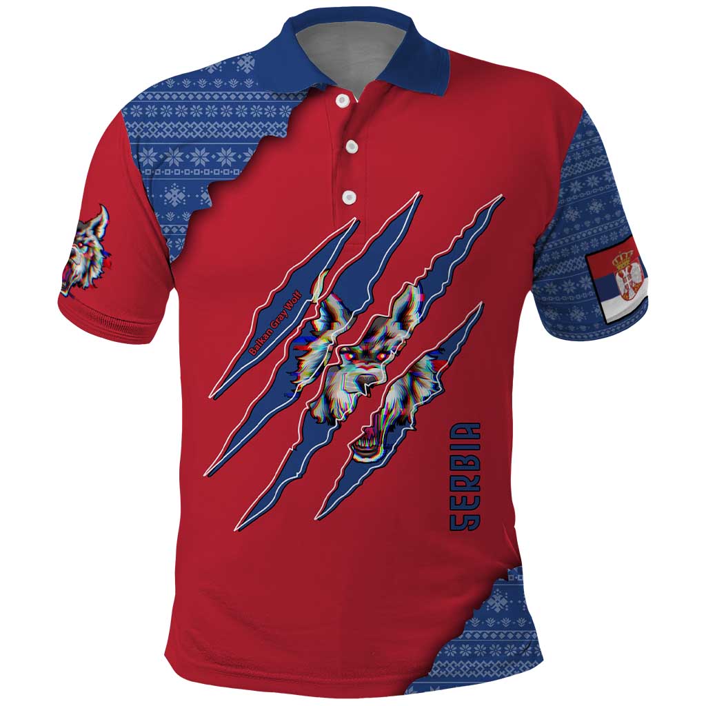 Serbia Polo Shirt with Balkan Gray Wolf, Claw Marks, and Flag Sleeve Design TS04