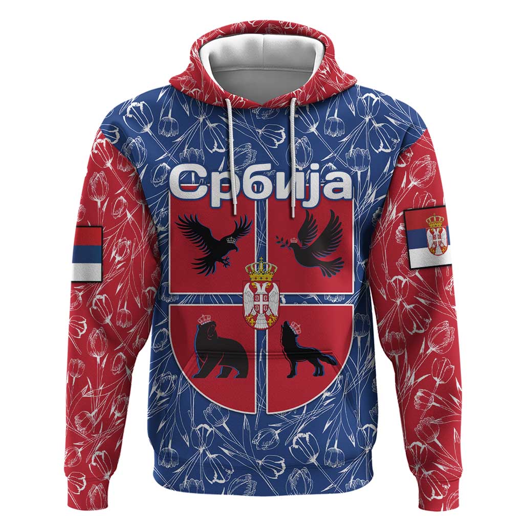 Serbia Hoodie with Royal Animal Crest and Tulip Floral Blue Background TS04