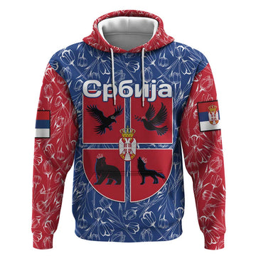 Serbia Hoodie with Royal Animal Crest and Tulip Floral Blue Background TS04