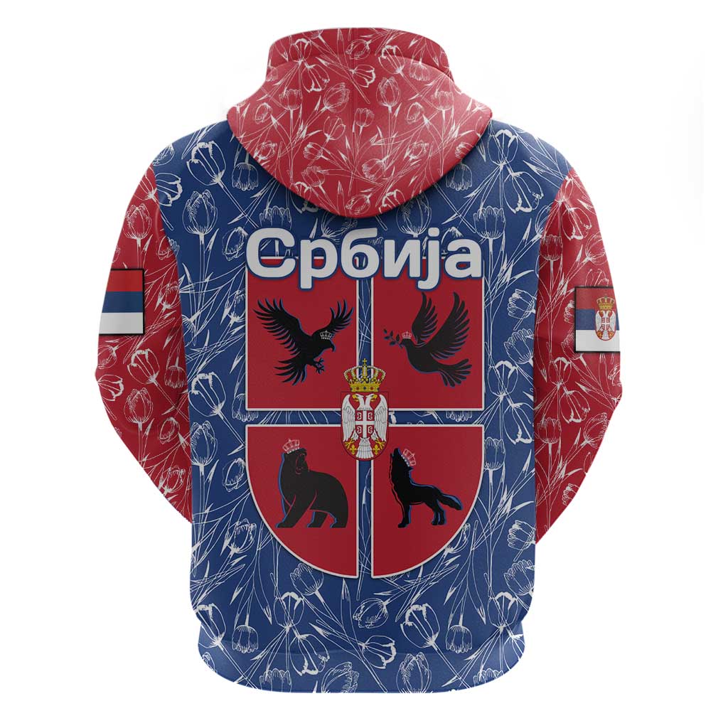 Serbia Hoodie with Royal Animal Crest and Tulip Floral Blue Background TS04
