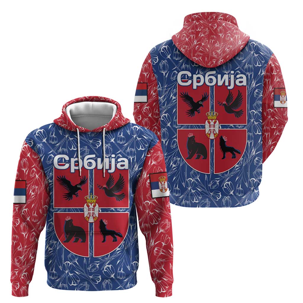 Serbia Hoodie with Royal Animal Crest and Tulip Floral Blue Background TS04