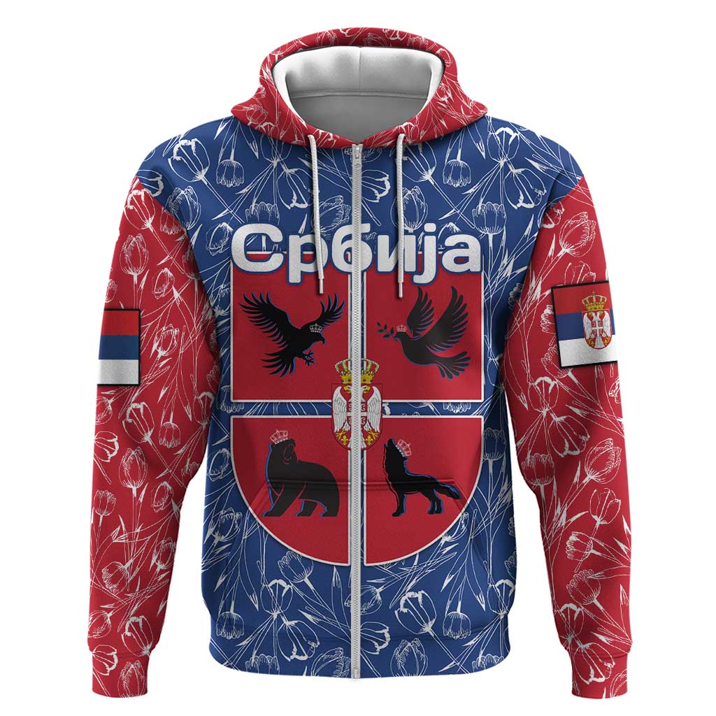 Serbia Hoodie with Royal Animal Crest and Tulip Floral Blue Background TS04