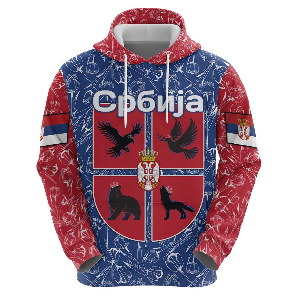 Serbia Hoodie with Royal Animal Crest and Tulip Floral Blue Background TS04
