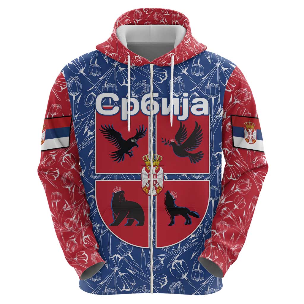 Serbia Hoodie with Royal Animal Crest and Tulip Floral Blue Background TS04