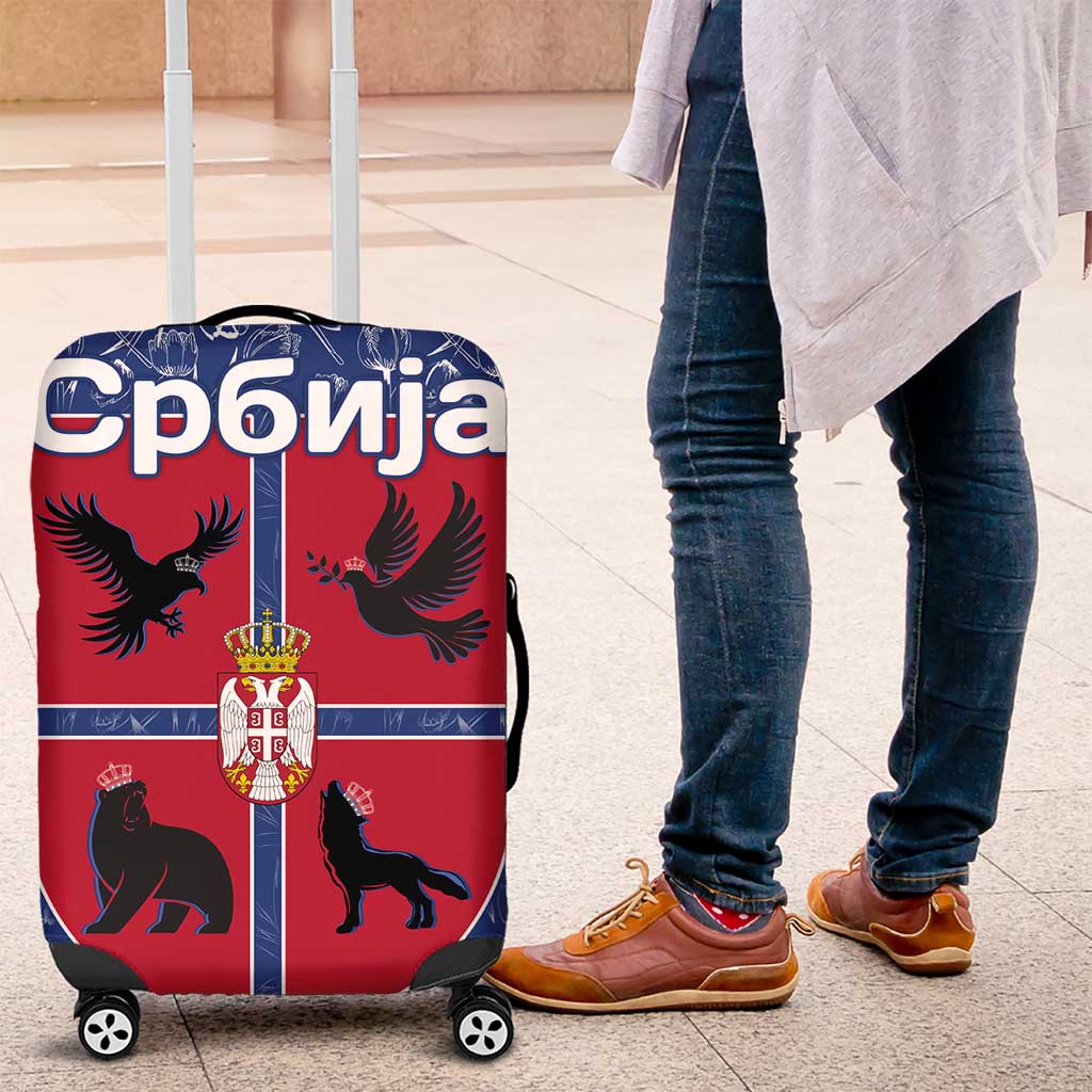 Serbia Luggage Cover with Royal Animal Crest and Tulip Floral Blue Background TS04