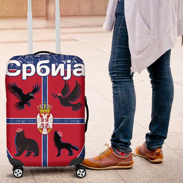 Serbia Luggage Cover with Royal Animal Crest and Tulip Floral Blue Background TS04