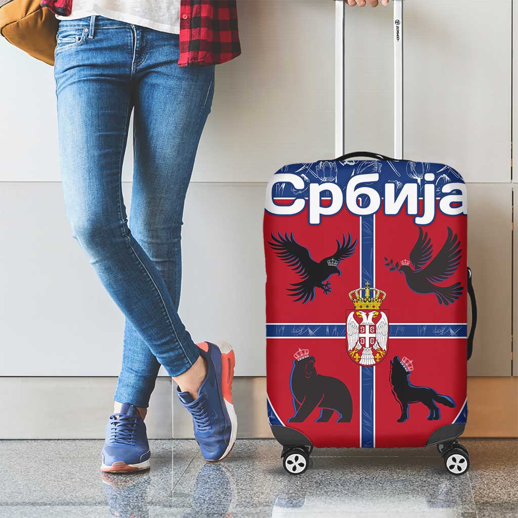 Serbia Luggage Cover with Royal Animal Crest and Tulip Floral Blue Background TS04