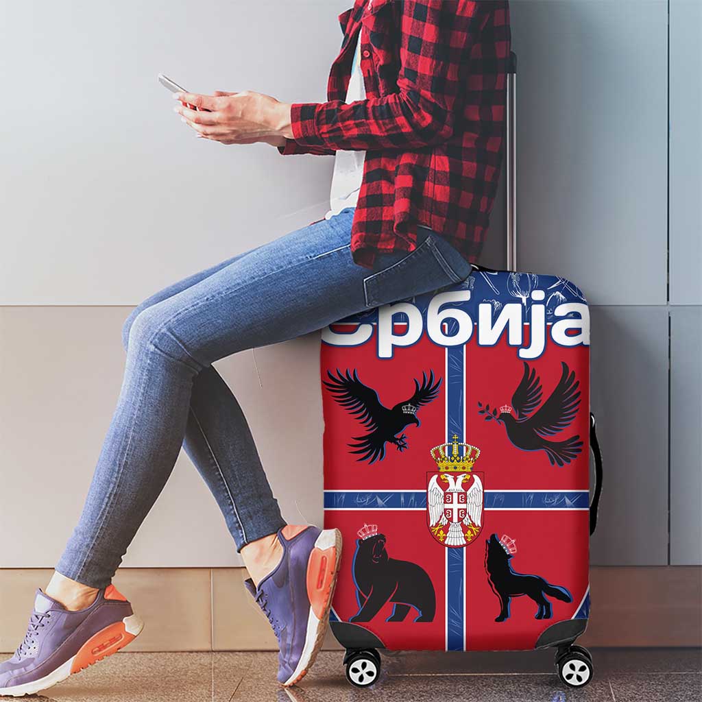 Serbia Luggage Cover with Royal Animal Crest and Tulip Floral Blue Background TS04